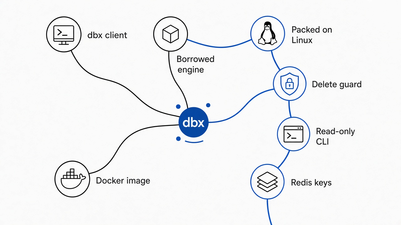Sparse map of dbx versus DBeaver: borrowed web engine, packed Linux build, delete guards