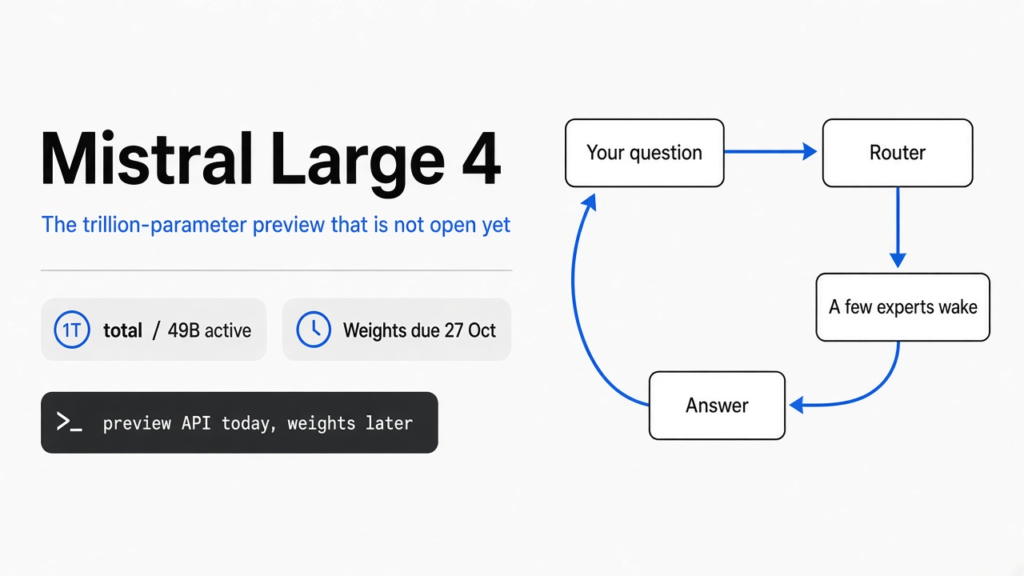 Mistral Large 4 explained: left title card and a simple mixture-of-experts flow from your question to a router to a few experts to the answer