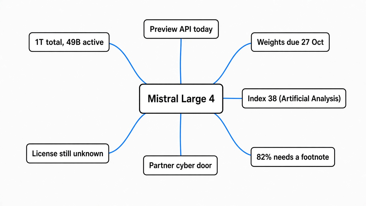 Simple mindmap of Mistral Large 4: 1 trillion total and 49 billion active parameters, preview API today, weights due 27 October, index 38, the 82 percent footnote, partner cyber door, license unknown