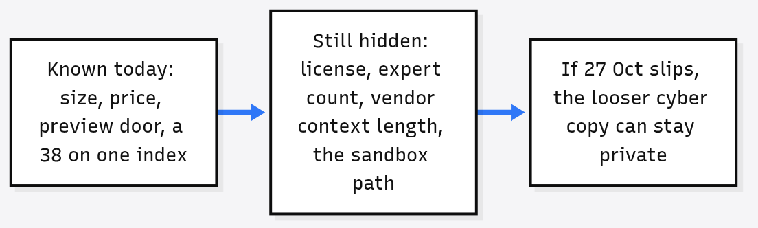 What is known and still hidden about Mistral Large 4: size, price, and a 38 index score are known; license, expert count, vendor context length, and the sandbox path are not
