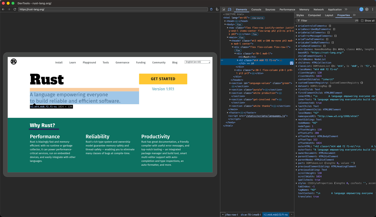 Moli rendering rust-lang.org, inspected through Chrome DevTools