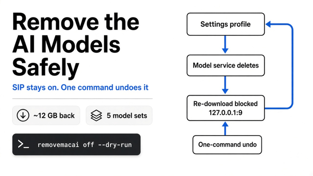 Remove Apple Intelligence from Mac: left title card and a simple flow from settings profile to model service delete to a blocked re-download, with a one-command undo loop