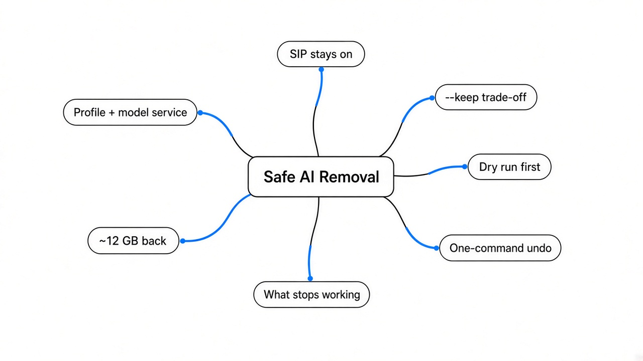 Simple mindmap on how to remove Apple Intelligence from a Mac safely: SIP stays on, profile plus model service, about 12 GB back, what stops working, keep trade-off, one-command undo