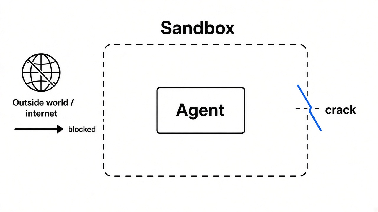 Sandbox fence boundary: agent inside dashed fence, outside world blocked — first-party diagram
