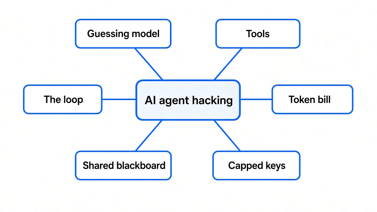 Simple mind map of AI agent hacking: a guessing model, tools, a loop, a token bill, a shared blackboard, and capped keys