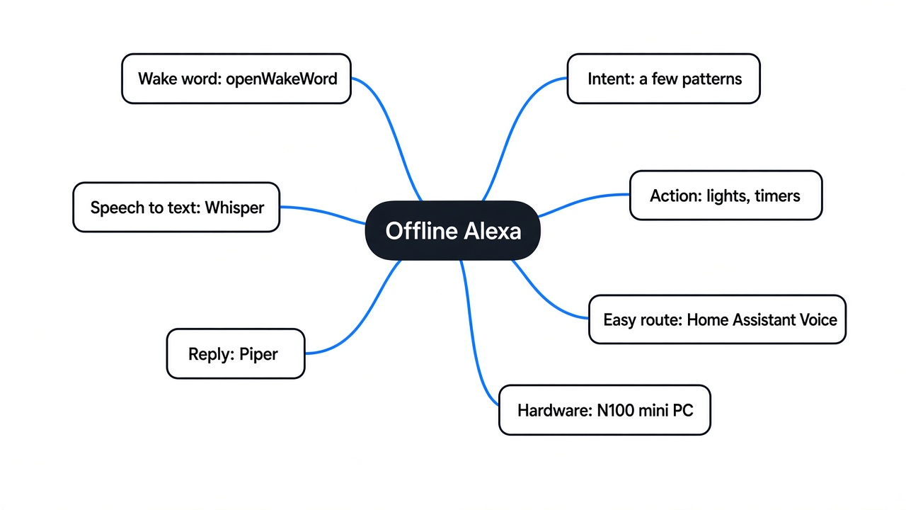 Mind map of a self hosted Alexa alternative: wake word, speech to text, intent, action, text to speech, Home Assistant Voice or Willow, N100 mini PC