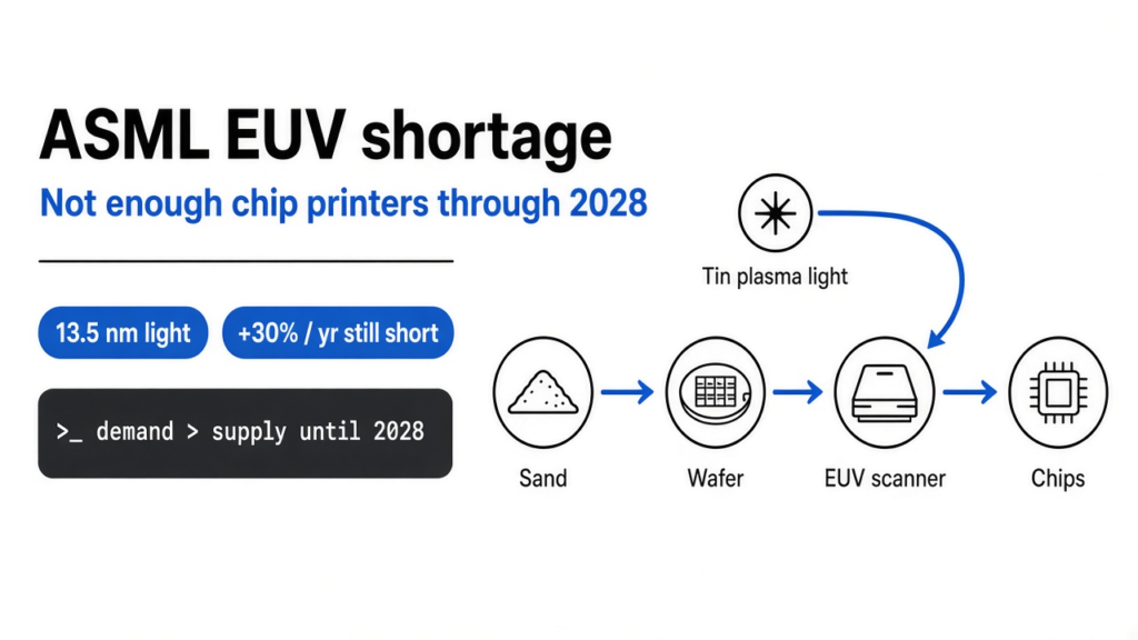 ASML EUV shortage through 2028: sand becomes a wafer, tin-plasma EUV light prints the chip, and ASML scanner output still falls short of demand