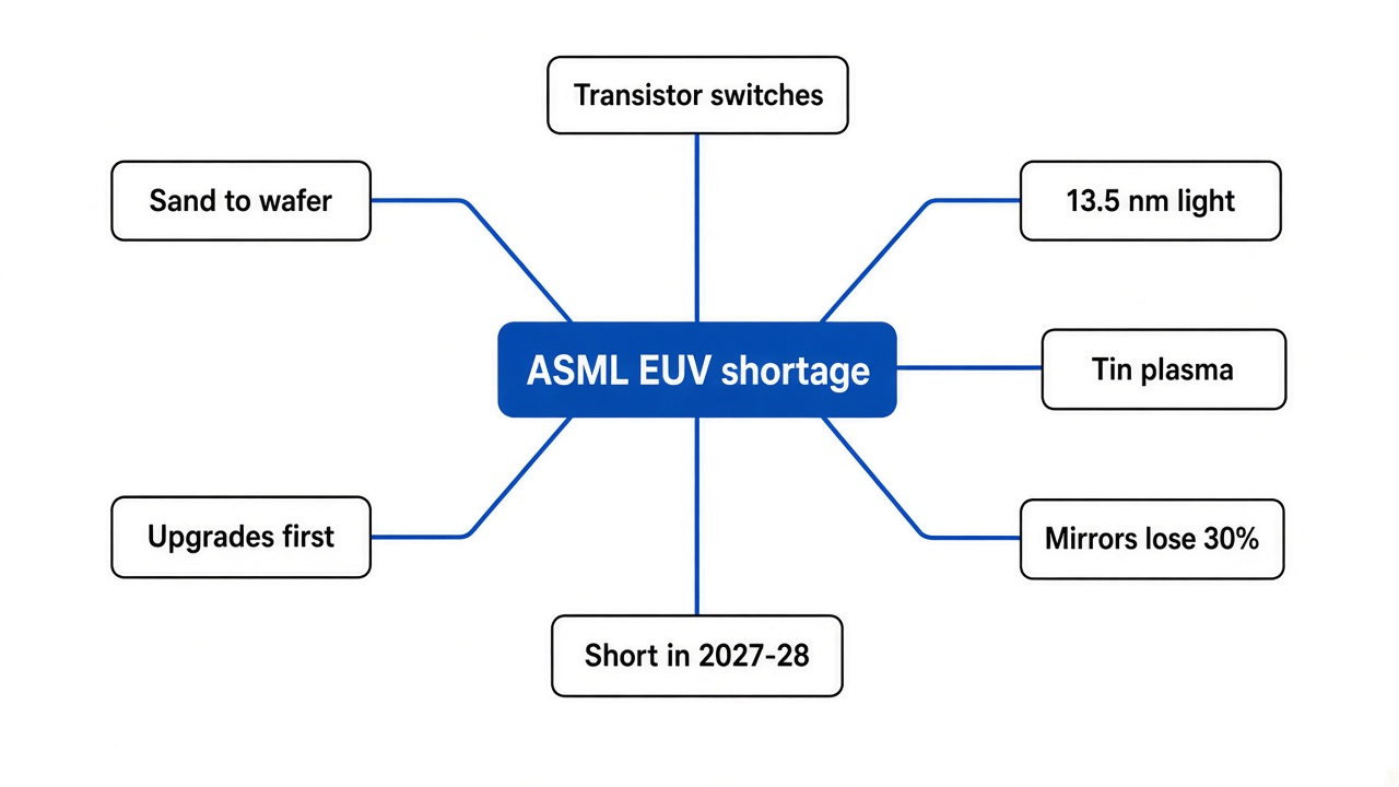Simple mind map of the ASML EUV shortage: sand to wafer, transistors, 13.5 nm EUV light, tin plasma, mirrors, 2027-2028 shortfall, upgrades