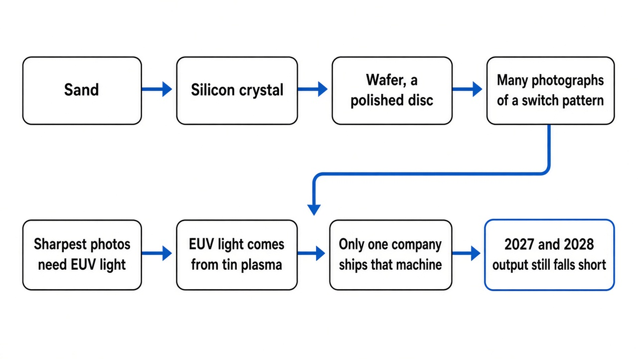 The ASML EUV shortage as one chain: sand, silicon crystal, wafer, photographs of a switch pattern, EUV light from tin plasma, one supplier, 2027-2028 output short