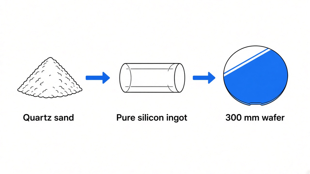 Sand to wafer: quartz sand is purified into silicon, grown into one single-crystal ingot, then sliced and polished into a 300 mm mirror-finish wafer