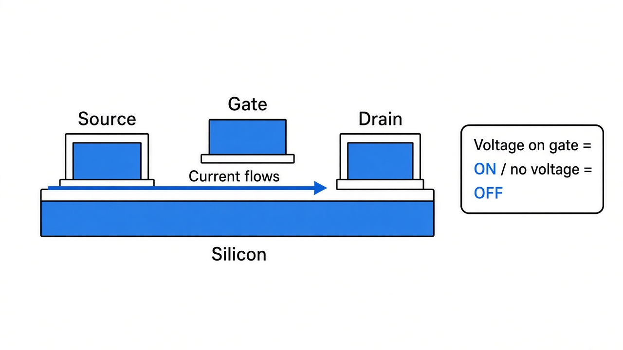 A transistor as a voltage-controlled switch: a voltage on the gate lets current flow from source to drain, or pinches it off