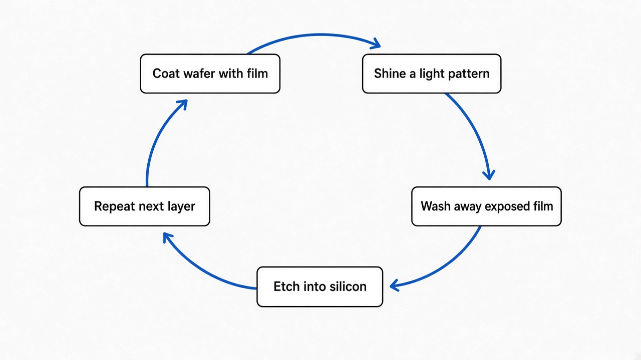 Lithography loop: coat the wafer with film, shine a pattern of light, wash away exposed film, etch the pattern into silicon, repeat for the next layer