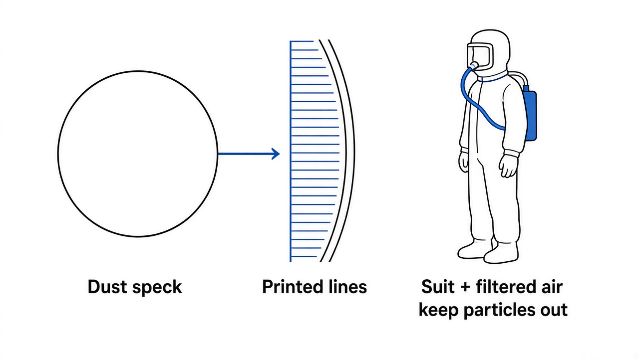 Why chip fabs are cleanrooms: a dust particle is larger than the printed lines, so filtered air and full-body suits keep particles off the wafer