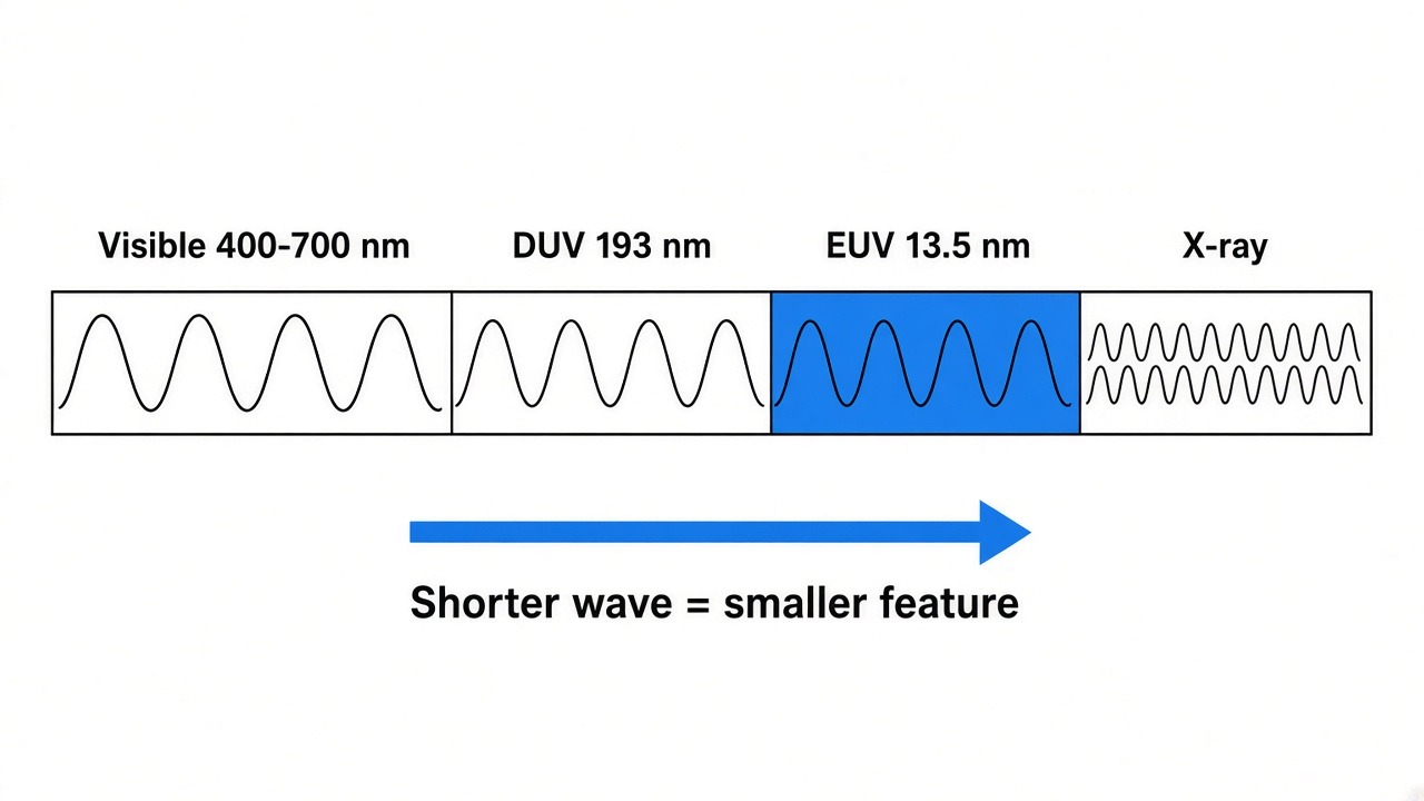 Light spectrum for chipmaking: visible light at 400 to 700 nm, deep ultraviolet DUV at 193 nm, extreme ultraviolet EUV at 13.5 nm, shorter waves print smaller features