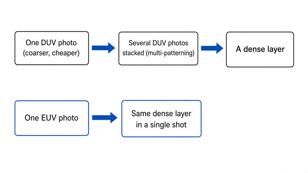 DUV versus EUV: one coarse DUV photo or several stacked DUV photos via multi-patterning build a dense layer, while one EUV photo prints the same layer in a single shot