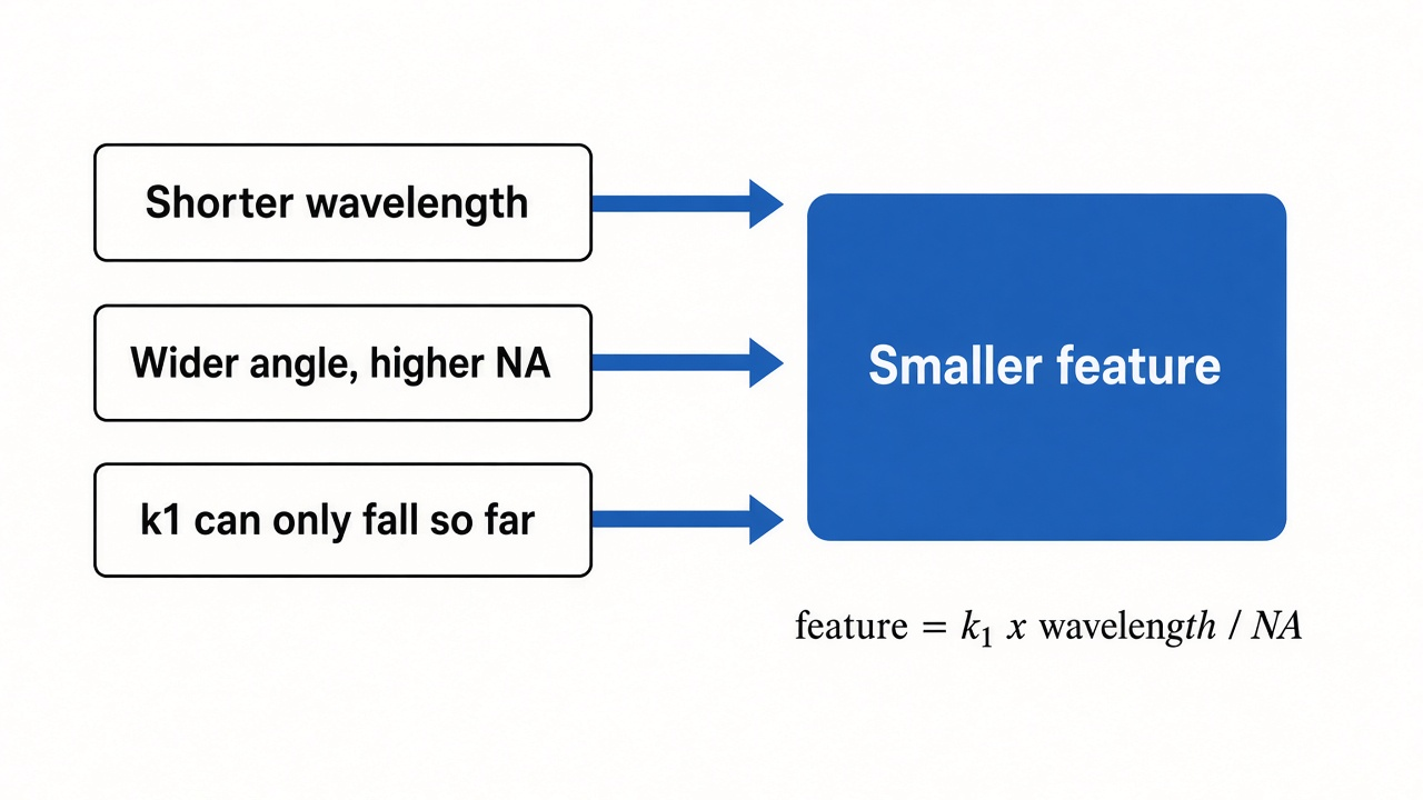 Three levers on the smallest printable feature: shorter wavelength, wider angle or higher NA, and a k1 factor that can only fall so far