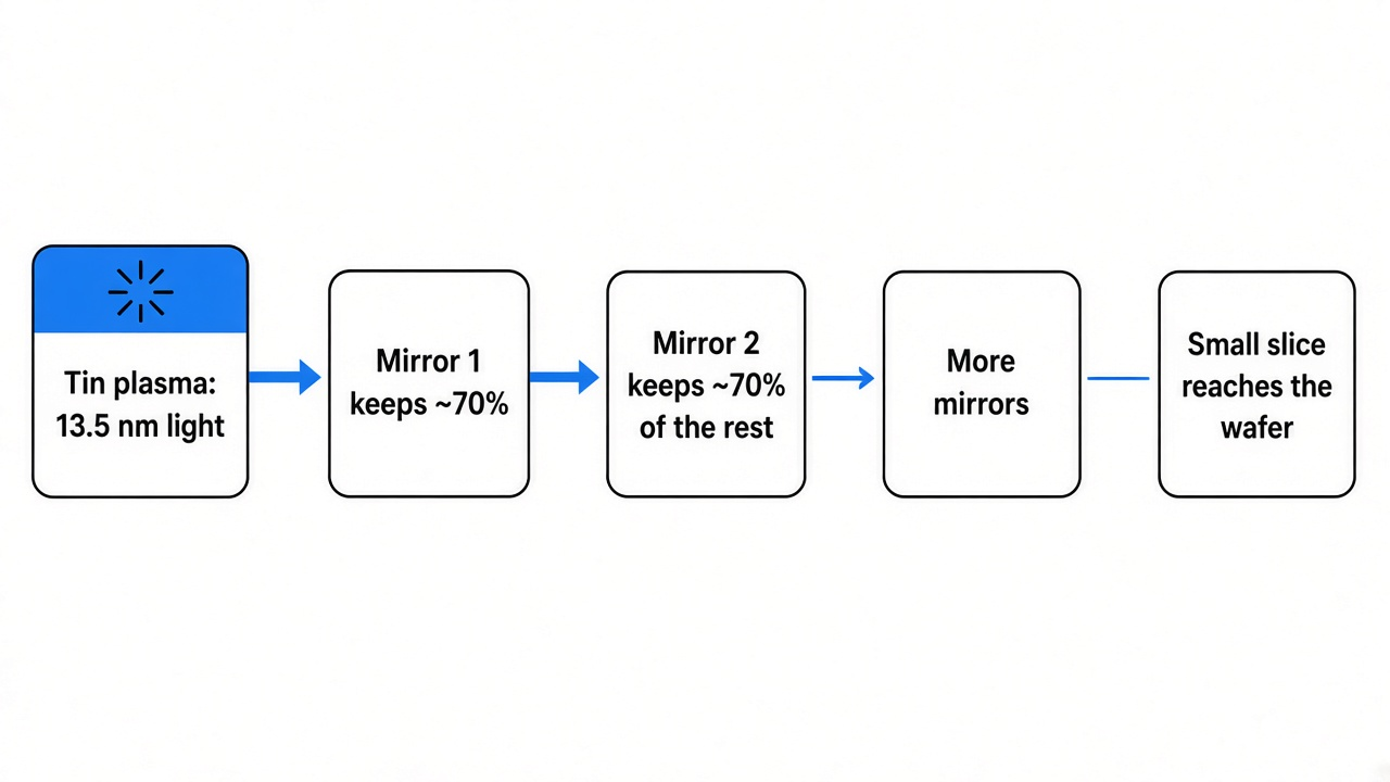 EUV mirror losses: tin plasma makes 13.5 nm light, each mirror keeps about 70 percent, so only a small slice of the original light reaches the wafer