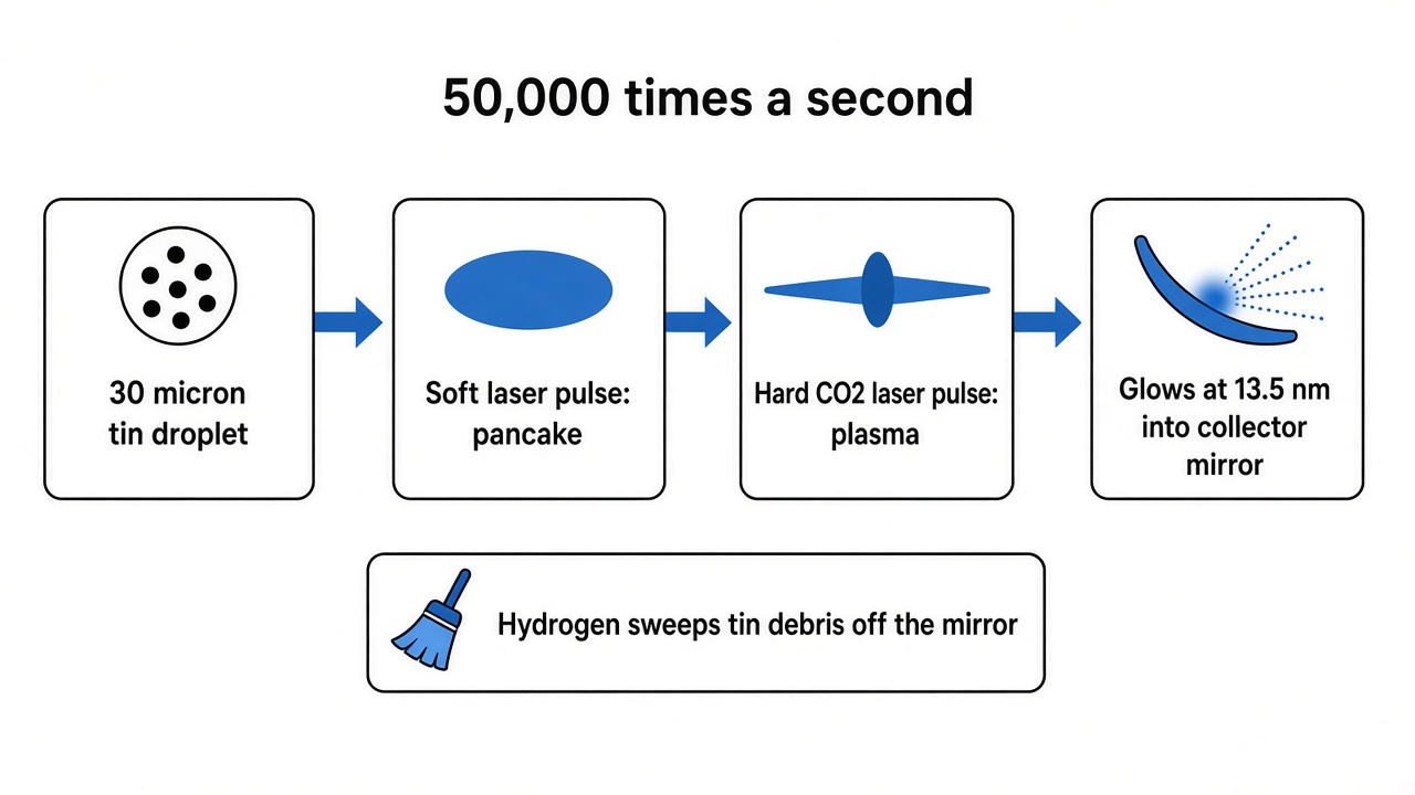 EUV light source sequence: a 30 micron tin droplet arrives, a soft laser pulse flattens it, a hard CO2 laser pulse makes plasma glowing at 13.5 nm, hydrogen clears tin debris from the collector mirror