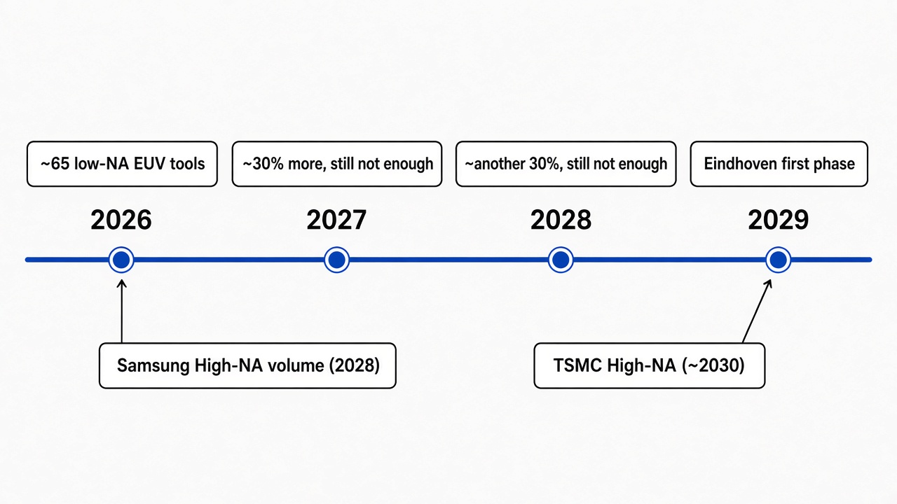 Capacity timeline 2026 to 2029: low-NA EUV output grows but stays short in 2027 and 2028, Samsung High-NA volume in 2028, Eindhoven first phase and TSMC High-NA around 2029 to 2030