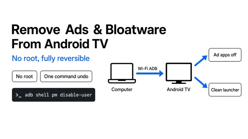 How to remove bloatware from Android TV: switch off ad and tracking apps over ADB, then swap the launcher for an ad-free home screen