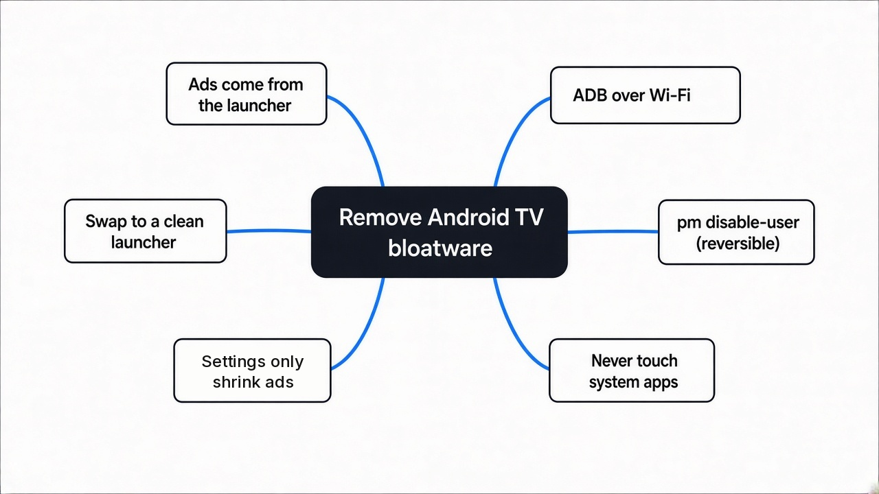 Simple mind map of removing bloatware from Android TV: where the ads come from, ADB, apps to keep, the safe order, a new launcher, and which TVs work