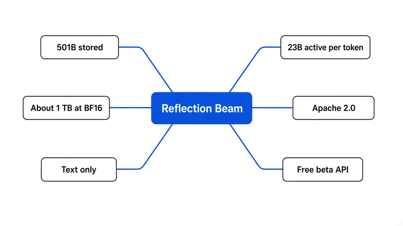 Simple mind map of whether to download Reflection Beam: 501B stored, 23B active, about 1 TB at BF16, Apache 2.0, text only, free beta API