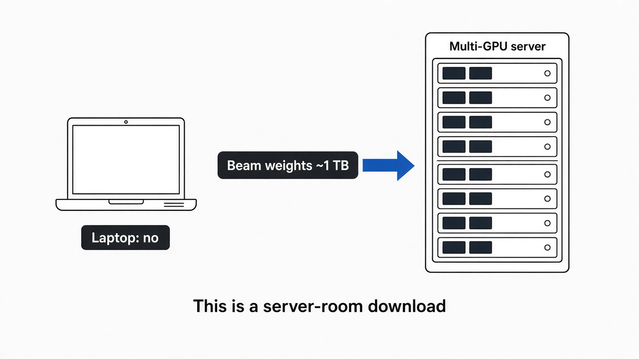 Reflection Beam is a server download, not a laptop file: about 1 TB of weights needs a multi-GPU server