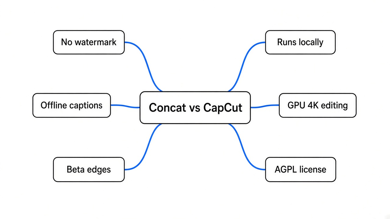 Simple mindmap of Concat, a free CapCut alternative: no watermark, runs locally, offline AI captions, GPU 4K editing, beta catch, AGPL license