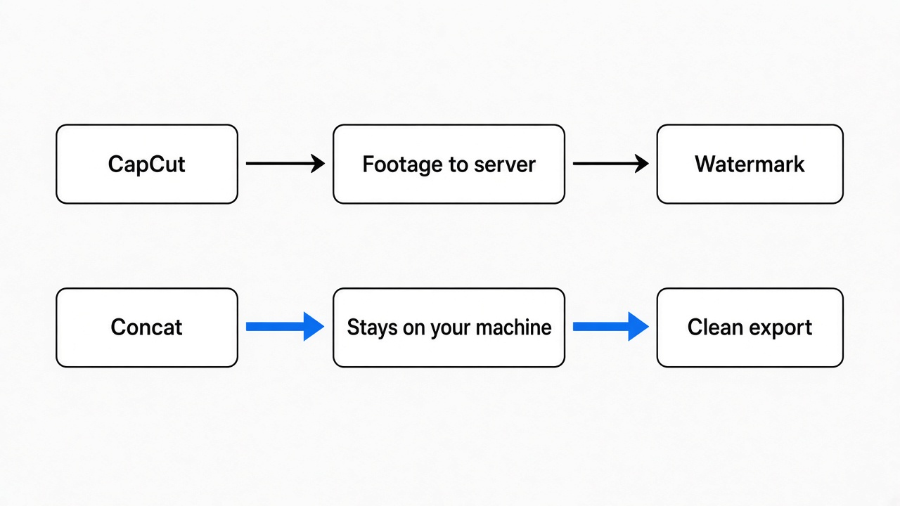 CapCut sends footage to a server and adds a watermark, while Concat keeps footage on your machine and exports clean