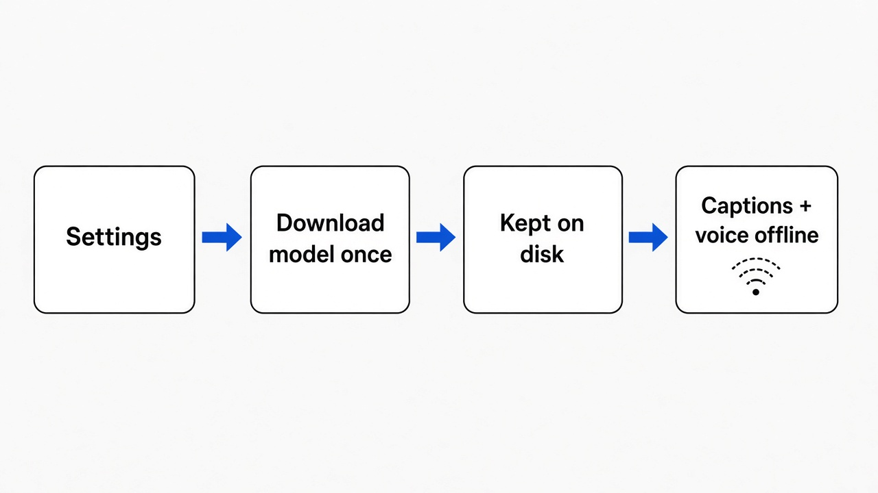 Concat offline AI: download a model once in Settings, keep it on disk, then captions and voices run locally with no internet
