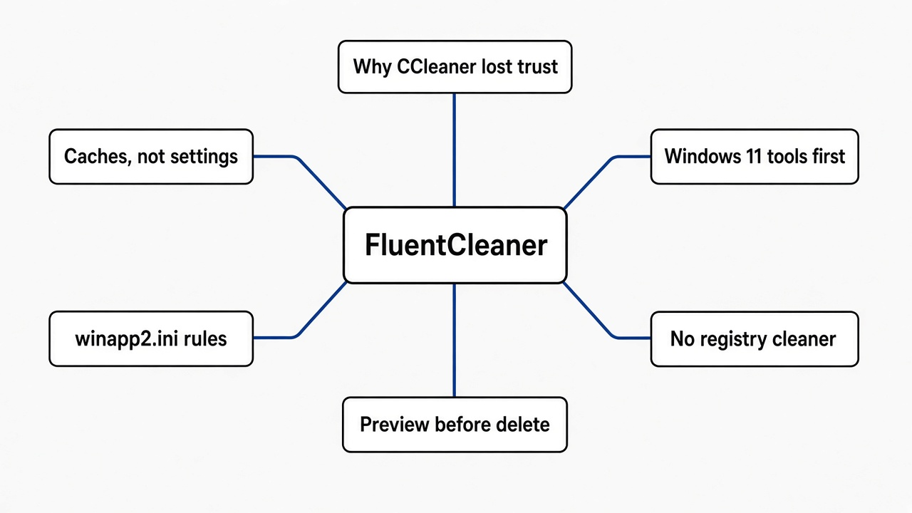 Mind map of an open source CCleaner alternative: why trust broke, what cleaners delete, FluentCleaner, winapp2.ini rules, preview first, no registry cleaner