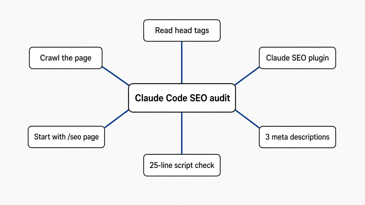 Mind map of a Claude Code SEO audit: crawl, head tags, Claude SEO plugin, /seo audit command, 25-line Python check, duplicate meta descriptions