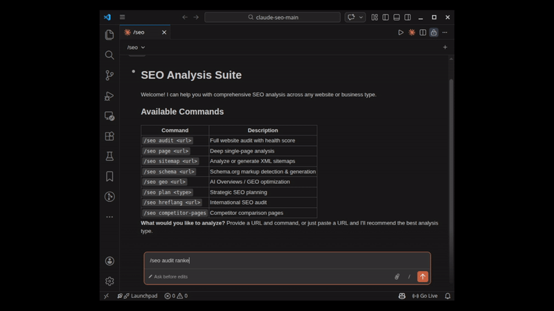 Claude SEO running a full audit in the Claude Code terminal