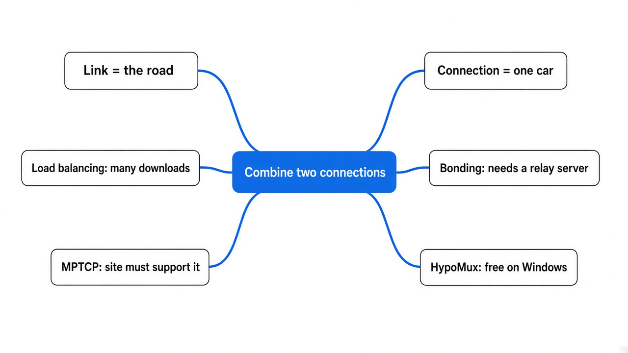 Simple mind map of how to combine two internet connections: link vs connection, load balancing, bonding, MPTCP, HypoMux, when it helps