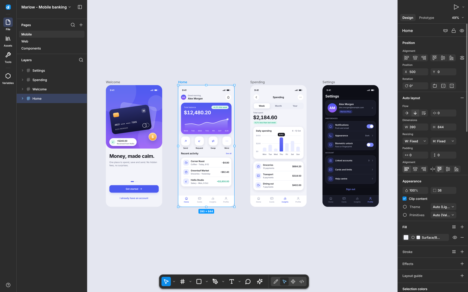 desigma vs figma: the editor on a four-screen phone showcase, Home frame selected