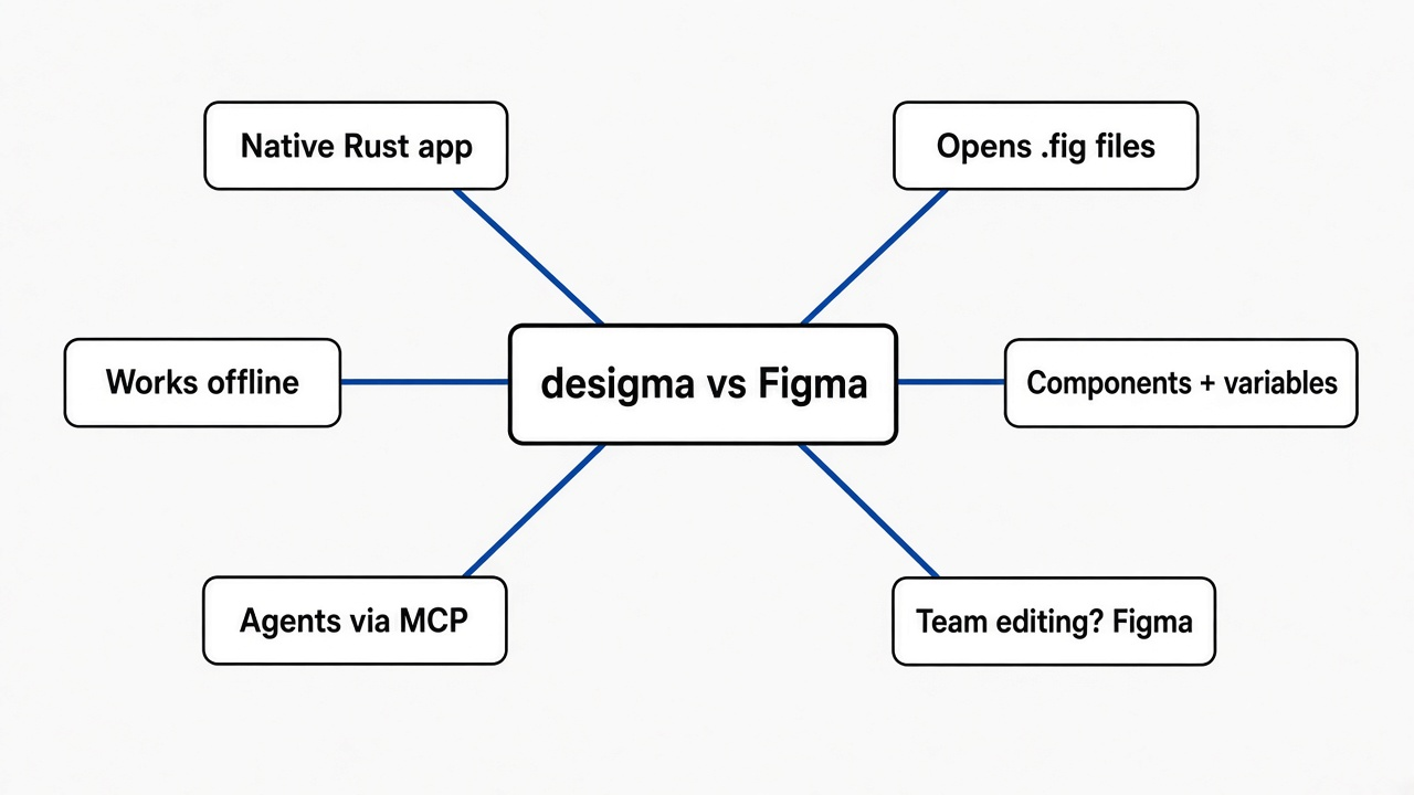 Mind map of desigma vs Figma: native Rust app, opens .fig files, works offline, components and variables, coding agent via MCP, teams stay on Figma