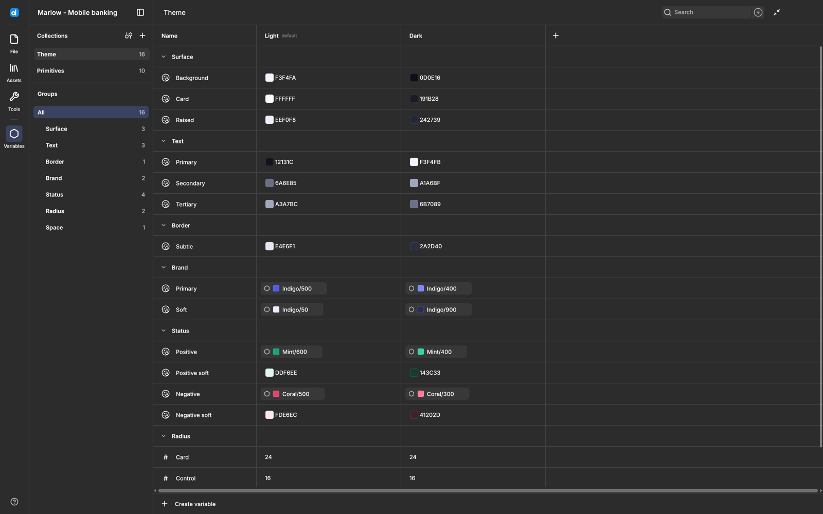 Theme variables in desigma, Light and Dark columns for color, text, and radius