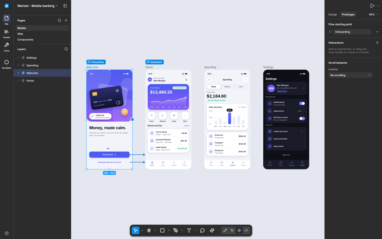 Prototype connectors in desigma, from a welcome screen to a home screen