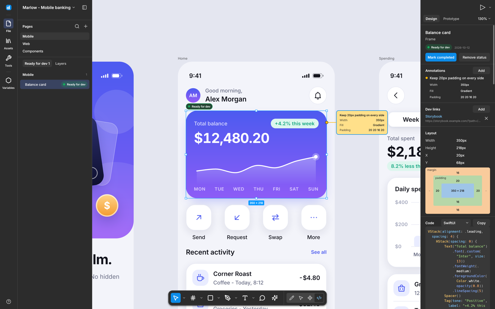 Dev mode in desigma, with measurements and SwiftUI for the selected card
