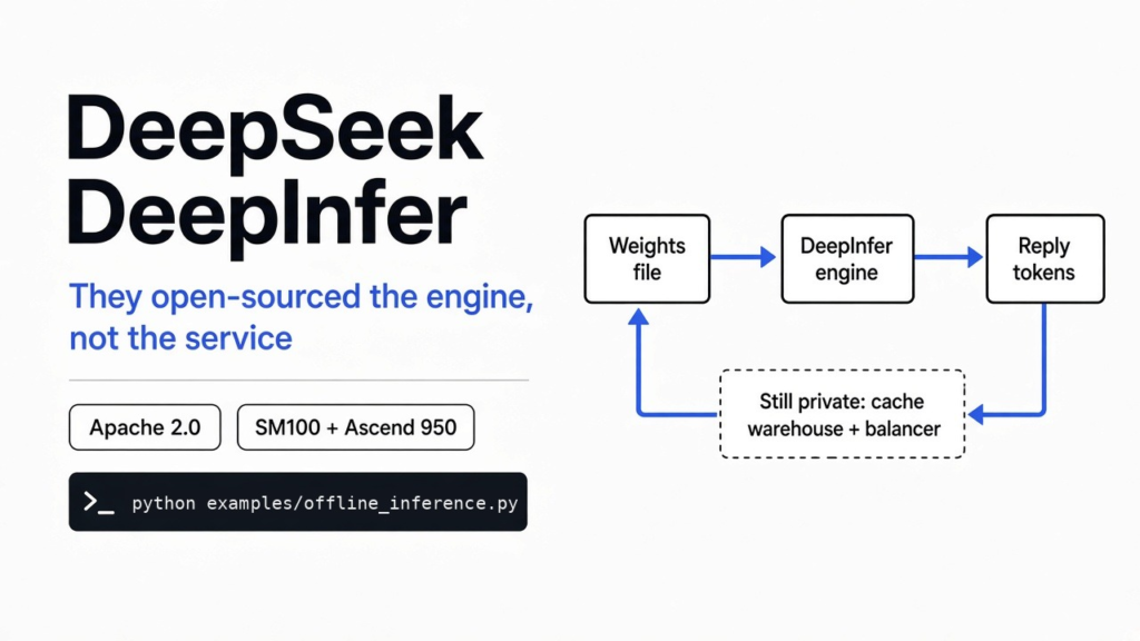 DeepSeek DeepInfer explained: the weights file feeds the open engine that writes reply tokens, while the cache warehouse and balancer stay private