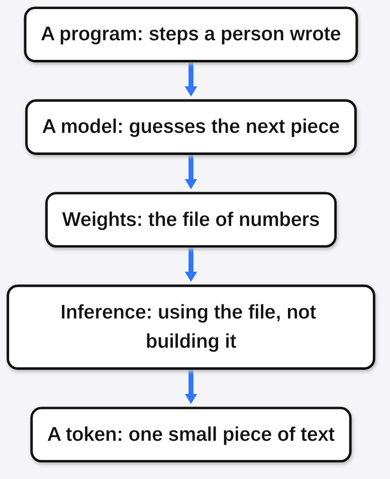 A program, a model that guesses the next piece, the weights file, inference, and a token, in order