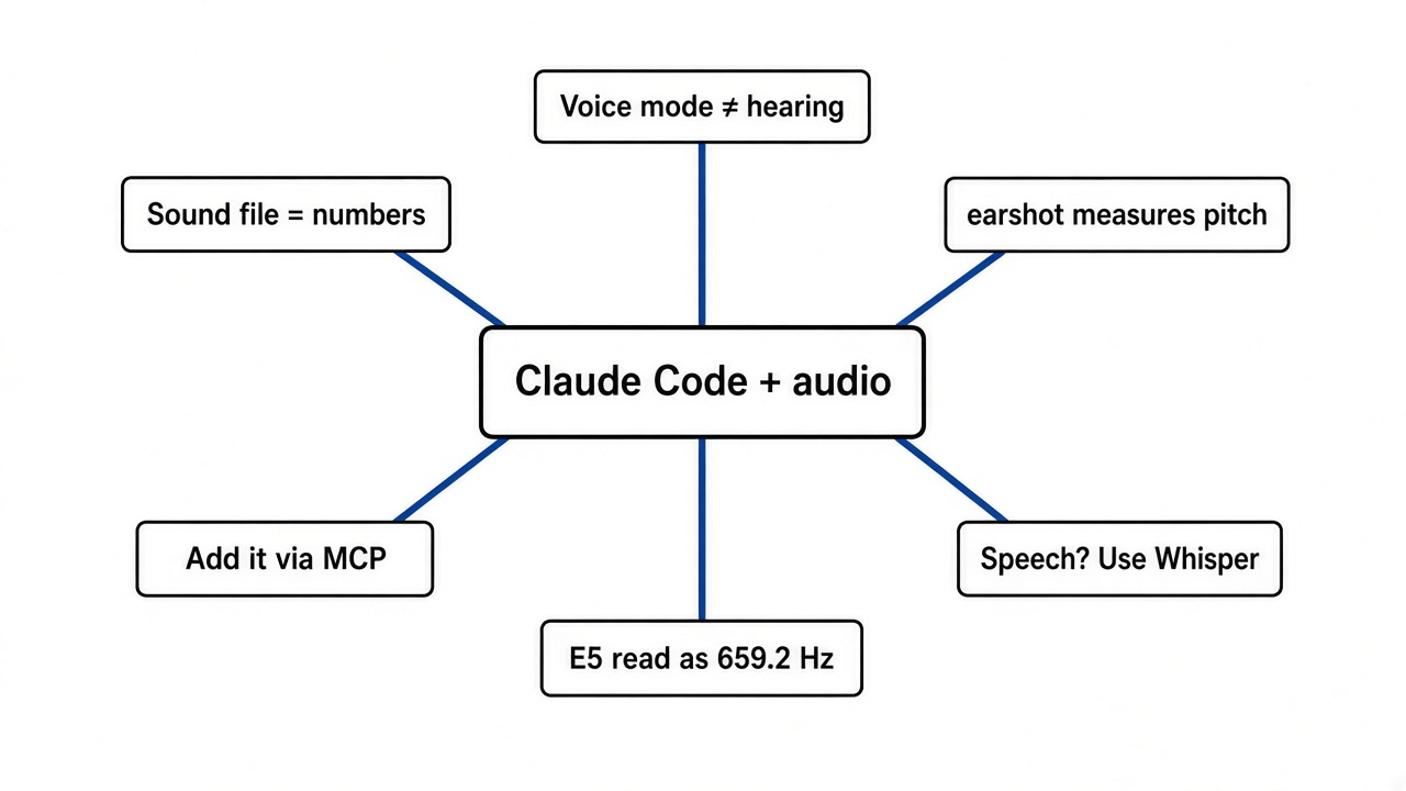 Mind map of Claude Code and audio: a sound file is numbers, voice mode is not listening, earshot measures pitch, MCP setup, E5 at 659.2 Hz, Whisper for speech