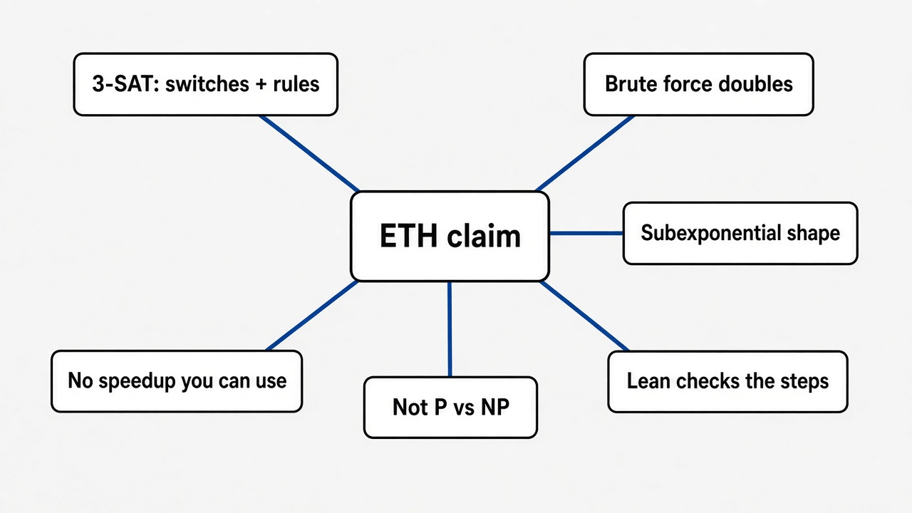 Mind map of the Exponential Time Hypothesis claim: 3-SAT switches, brute force 2^n, subexponential shape, Lean checks, not P vs NP, no practical speedup