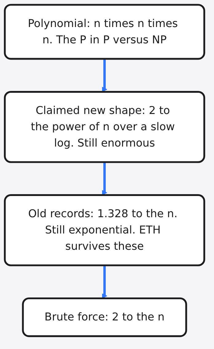 Diagram: Polynomial: n times n times n. The P in P versus NP → Claimed new shape: 2 to the power of n over a slow log. Still enormous → Old records: 1.328 to the n. Still exponenti