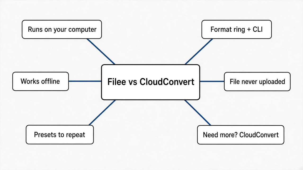Mind map of Filee vs CloudConvert: local converter, format ring, filee convert command, works offline, no upload, CloudConvert when you need missing pieces