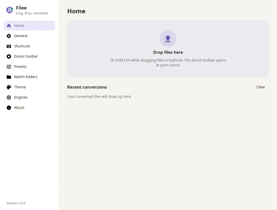 Filee home screen: drag a file, drop it on a format, the result lands beside the original