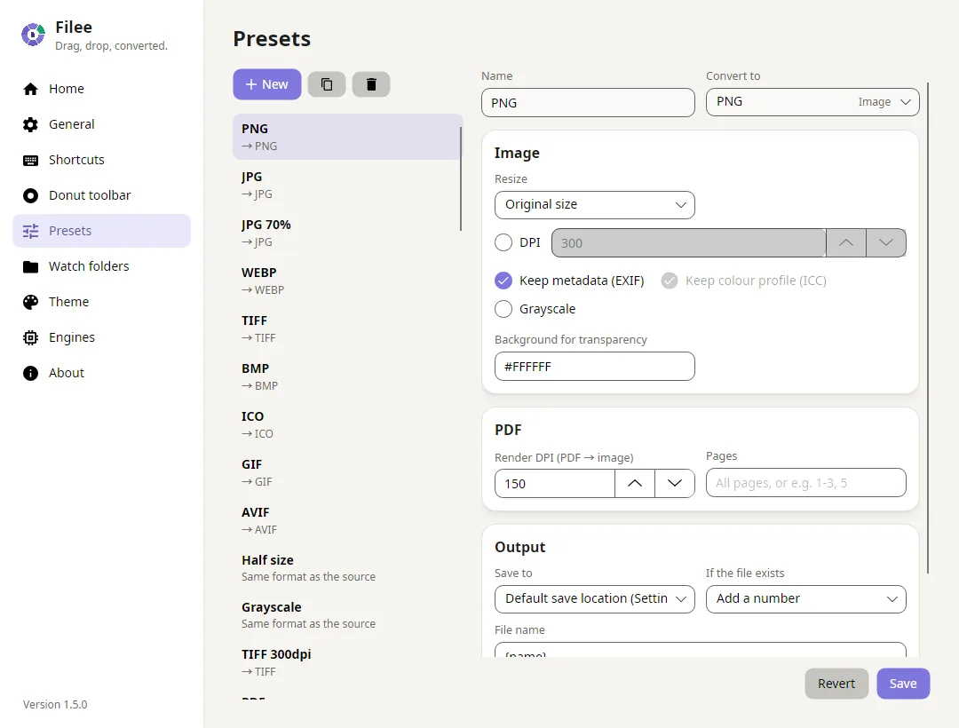 Presets in Filee: saved conversions you can run again without picking a format each time