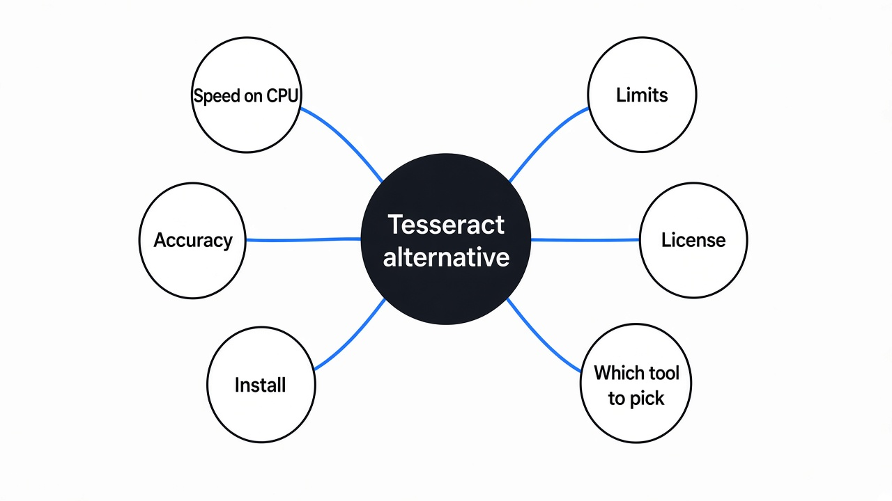 Simple mind map of a Tesseract alternative: Indra OCR speed, accuracy, install, limits, license, which tool to pick