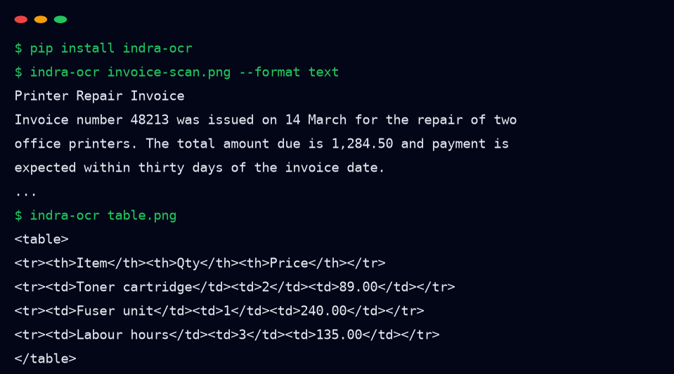Terminal running indra-ocr on a scanned invoice and a table