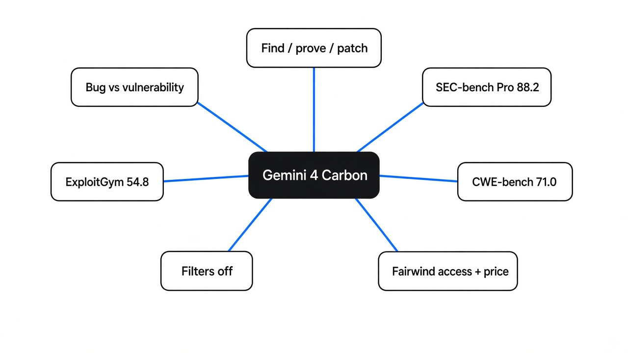Mind map of Gemini 4 Carbon: bug vs vulnerability, find-prove-patch, SEC-bench Pro 88.2, ExploitGym 54.8, CWE-bench 71, filters off, Fairwind access and price